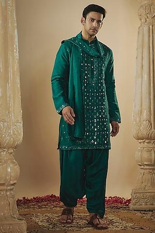 bottle green art silk mirror work kurta set