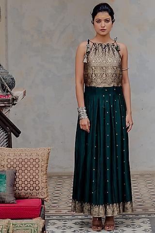 bottle green banarasi embroidered halter dress