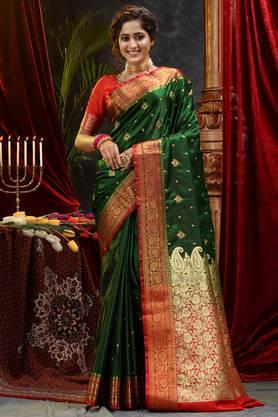 bottle green banarasi handloom satin silk saree with embroidery work with blouse piece - bottle green