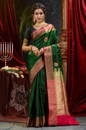 bottle green banarasi handloom satin silk saree with embroidery work with blouse piece - bottle green