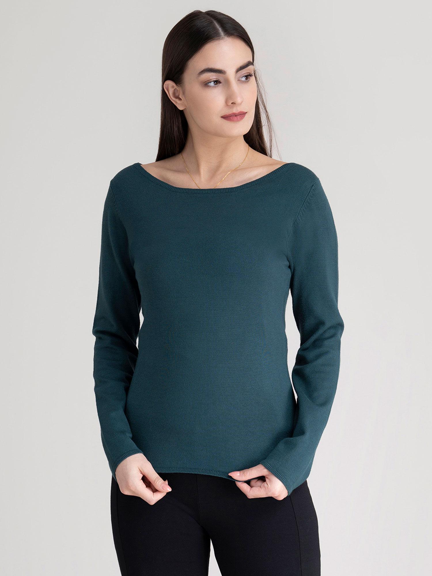 bottle green boat neck knit sweater