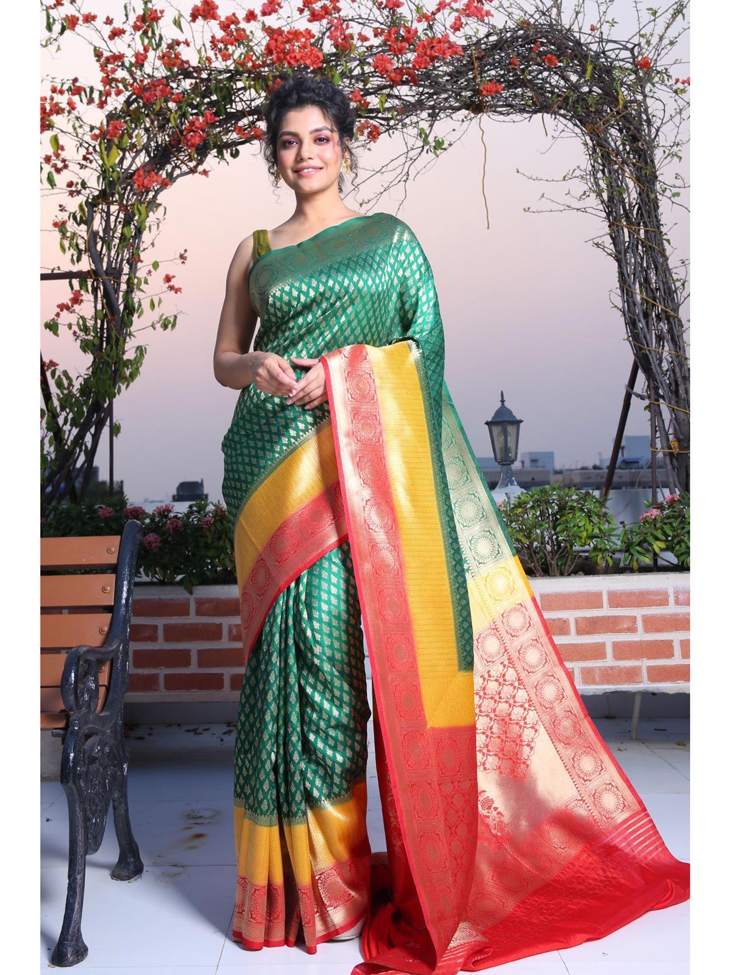 bottle green brocade silk saree with zari weaving and unstitched blouse