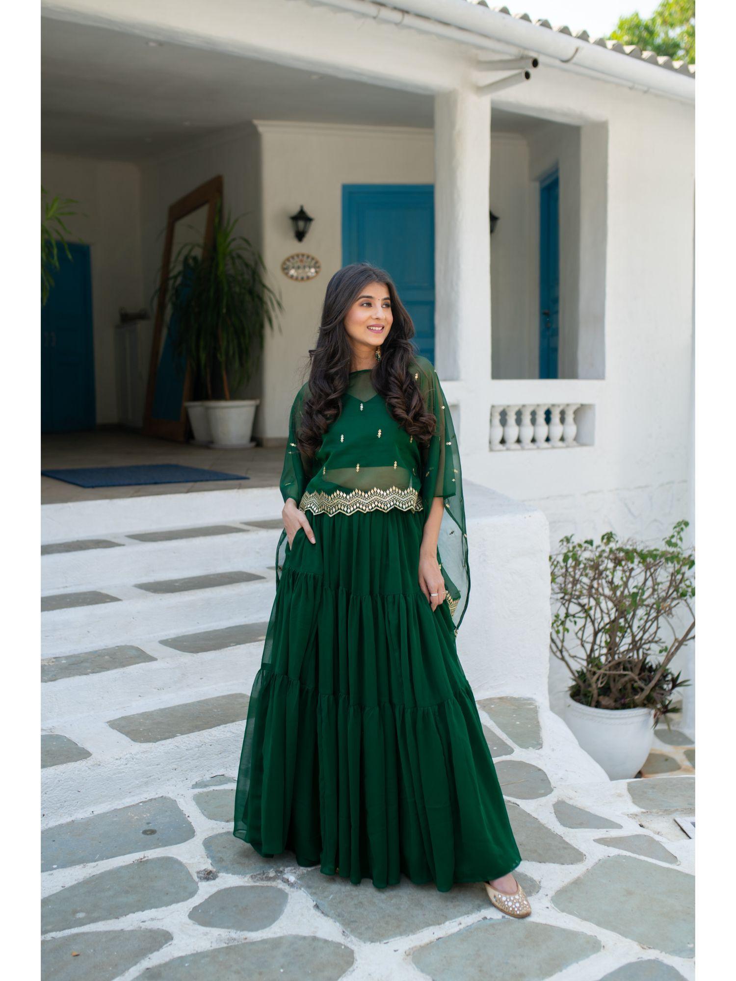 bottle green cape lehenga choli (set of 3)