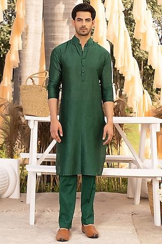 bottle green chanderi cotton & glaze cotton kurta set