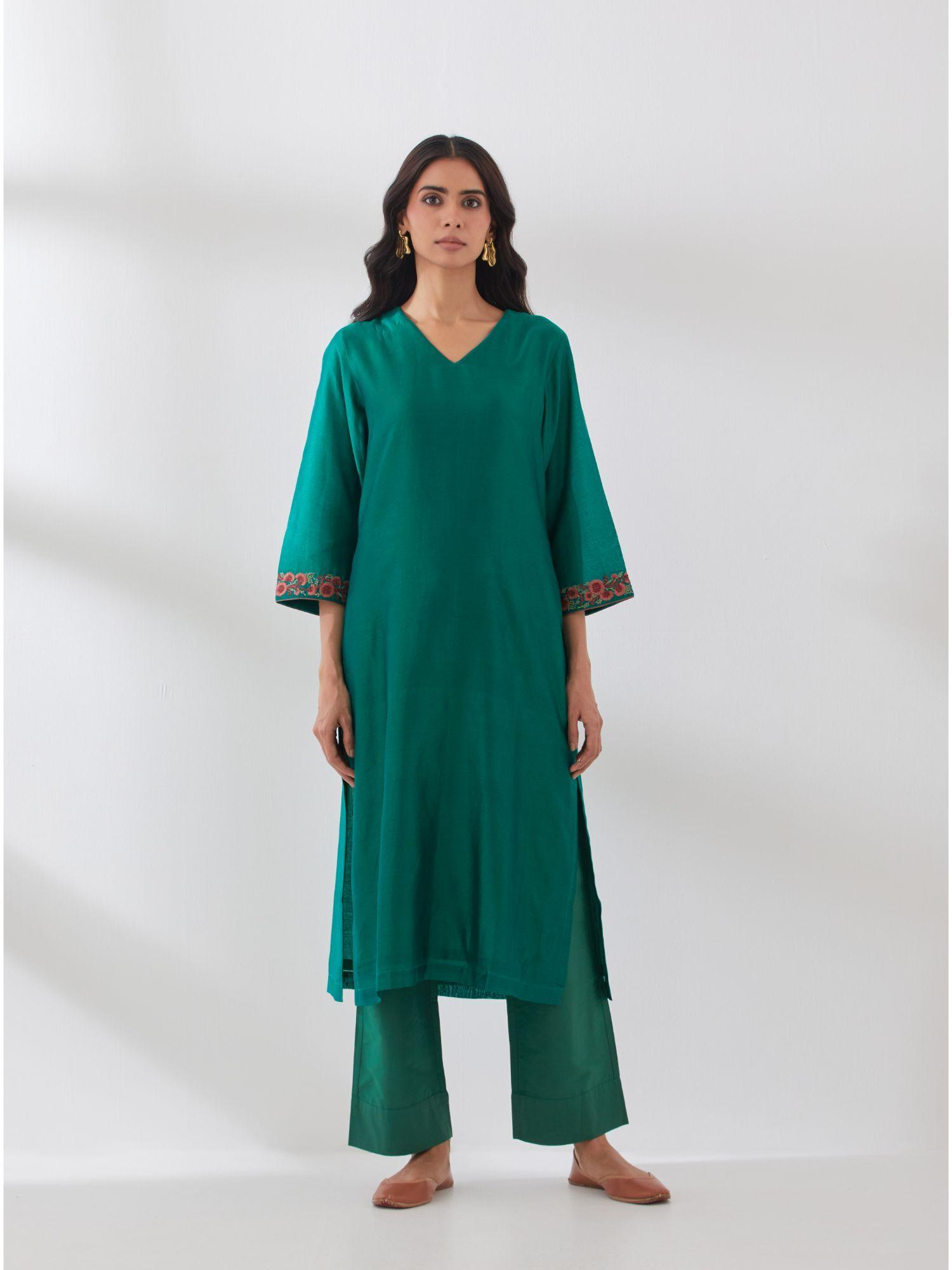 bottle green chanderi embroidered kurta