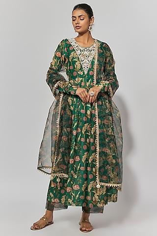 bottle green chanderi floral printed & embroidered anarkali set