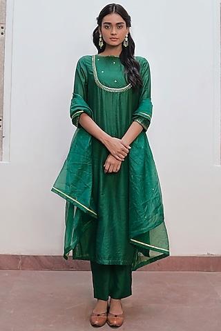 bottle green chanderi silk sequins embroidered kurta set