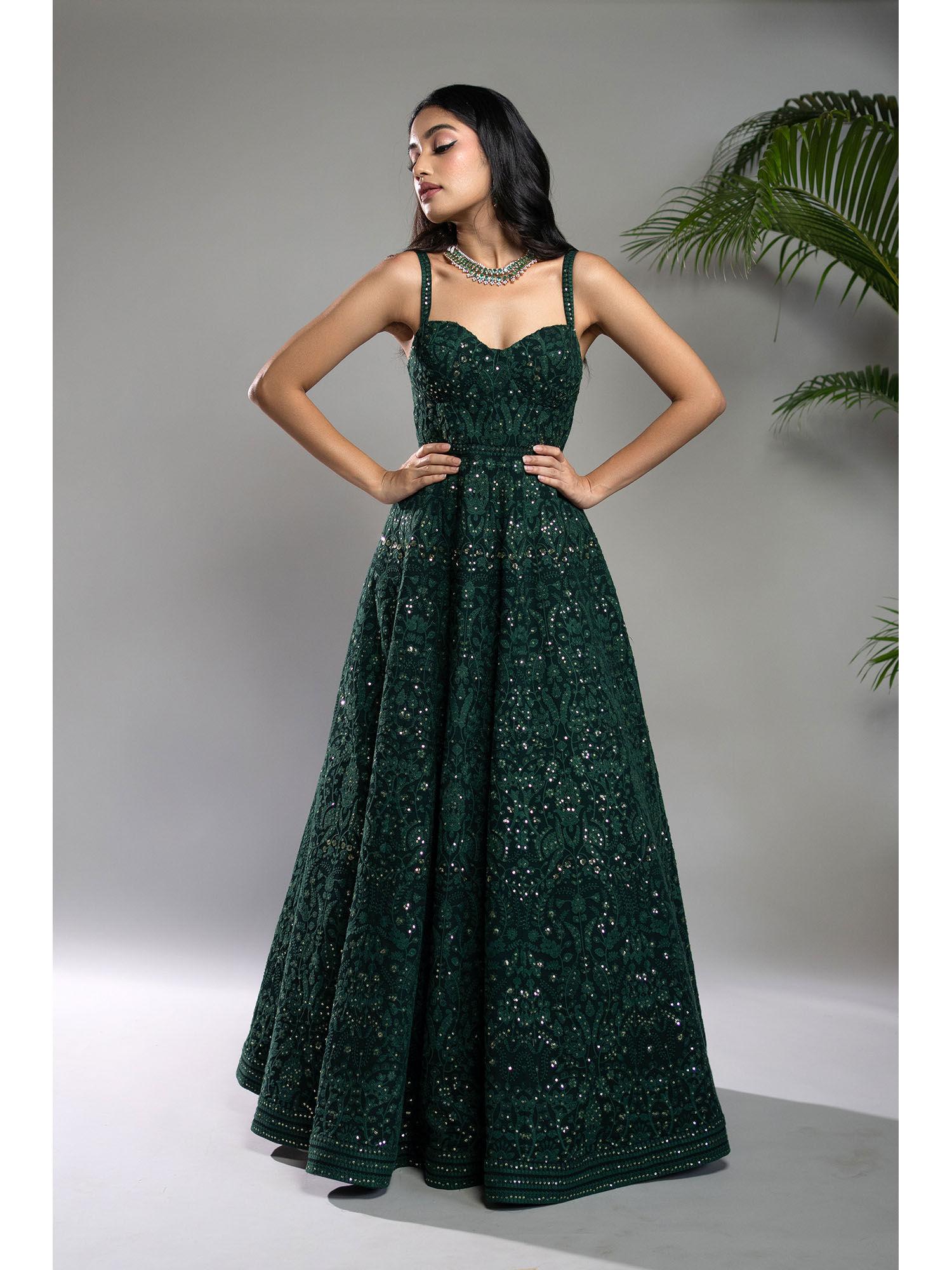 bottle green chikankari maxi dress