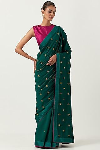 bottle green chiniya silk saree set