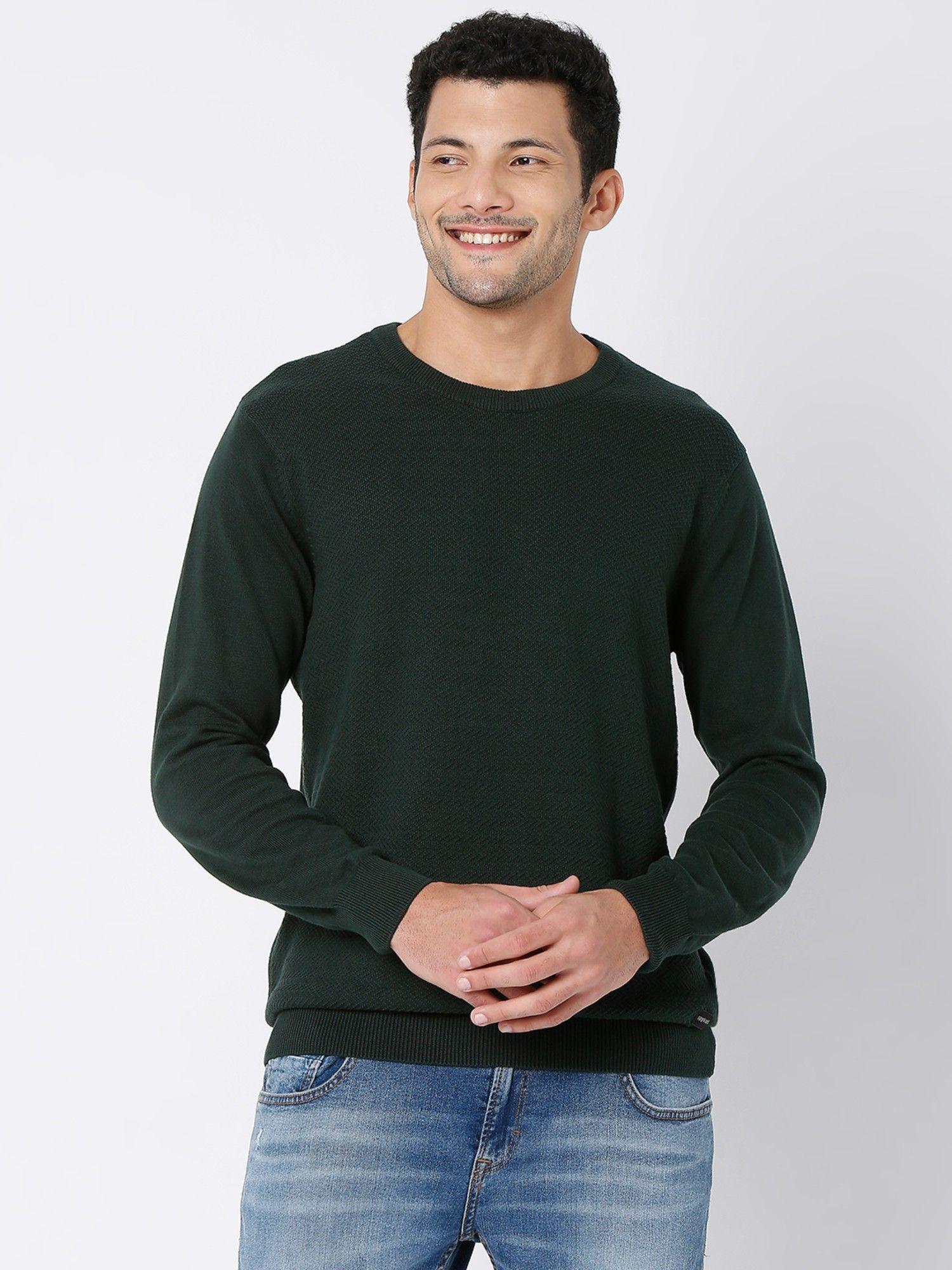 bottle green cotton full sleeve casual sweater