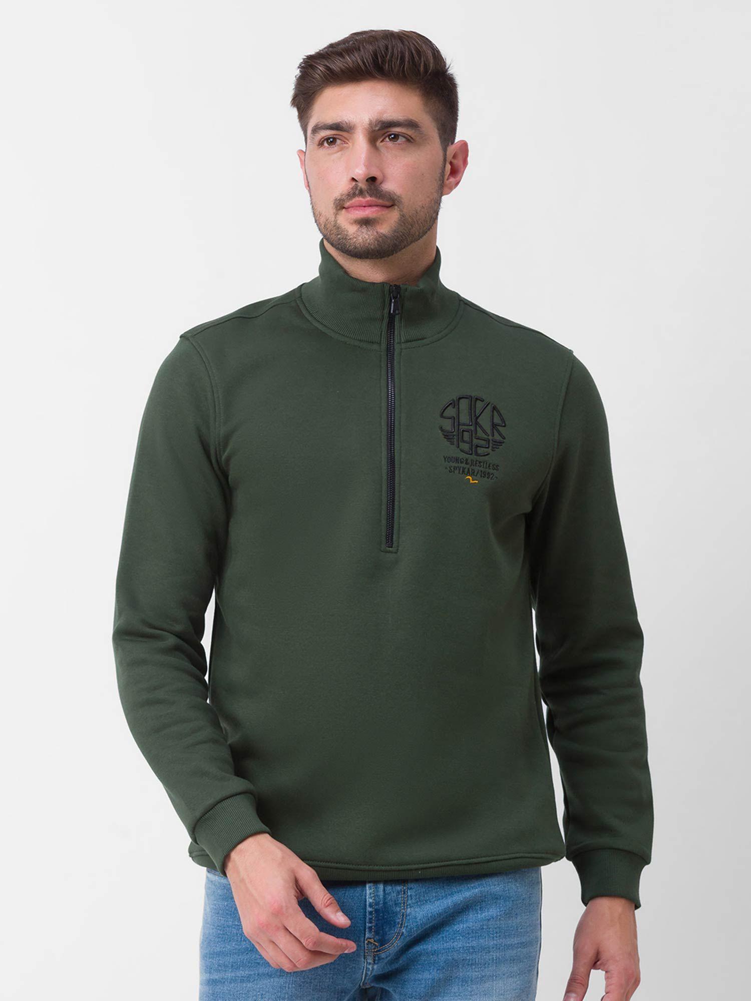 bottle green cotton full sleeve high neck sweatshirt for men