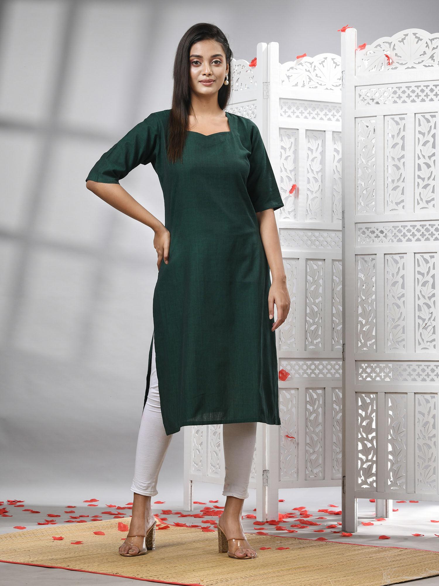 bottle green cotton handwoven kurti