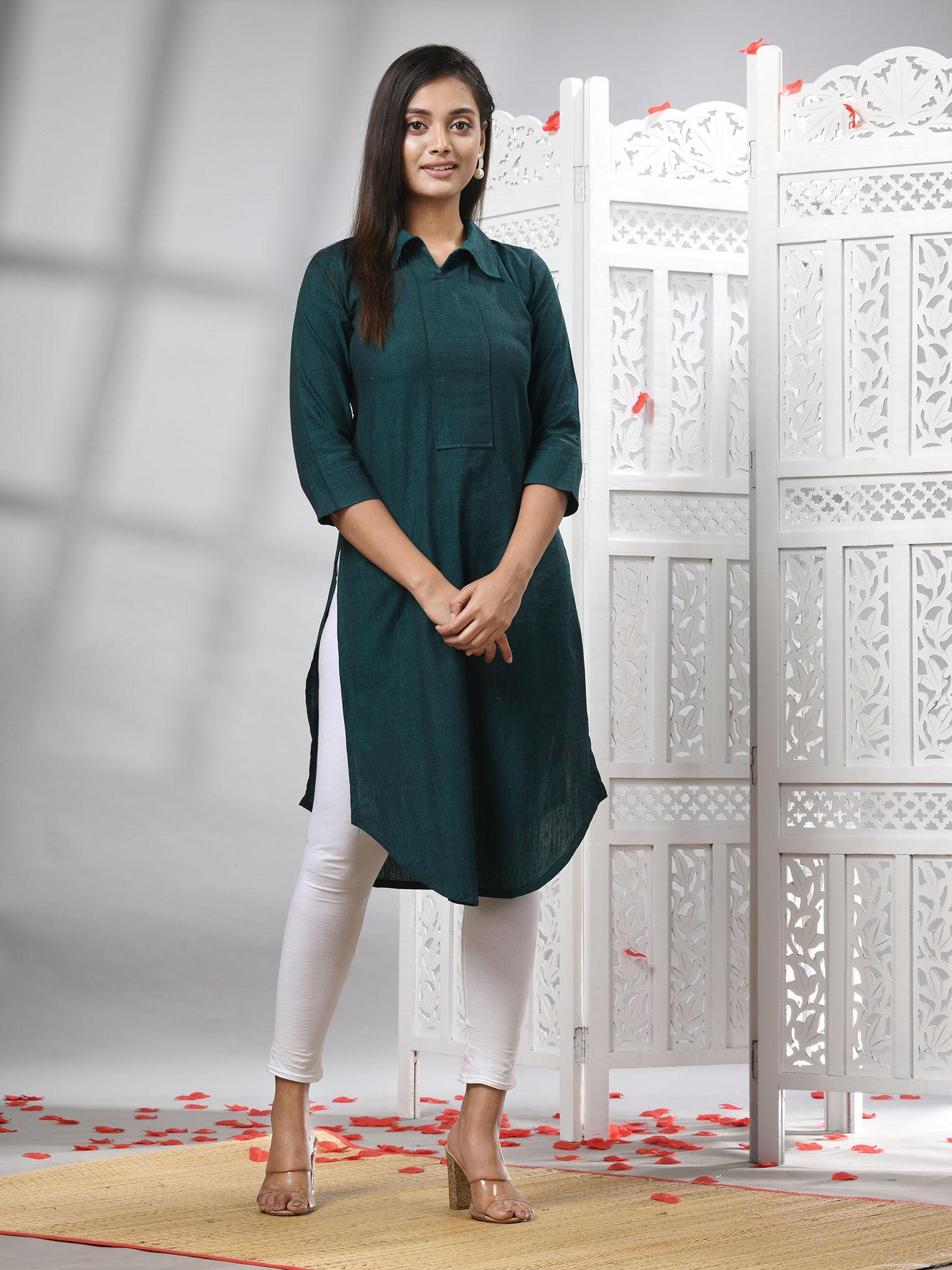 bottle green cotton handwoven kurti