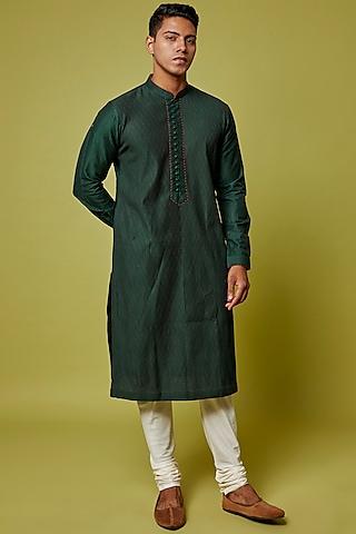 bottle green cotton silk embroidered kurta set