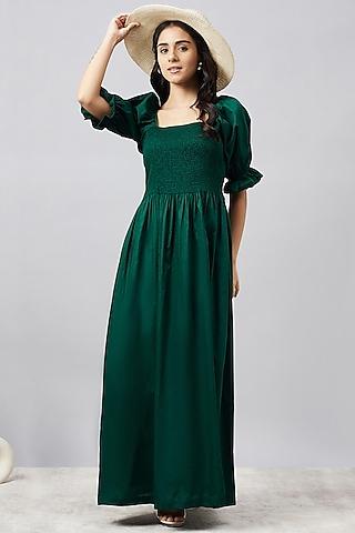 bottle green cotton smocked dress