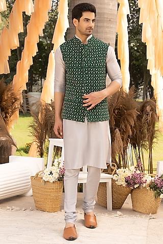 bottle green crepe & glaze cotton printed bundi jacket with kurta set