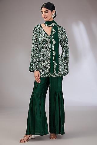 bottle green crepe hand embroidered kurta set