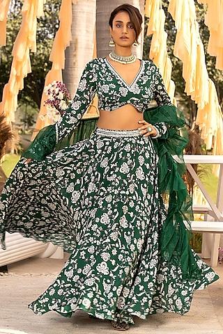 bottle green crepe printed lehenga set