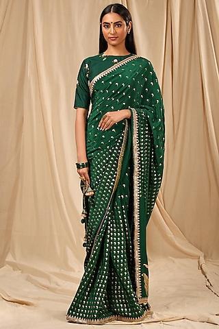 bottle green crepe printed saree set