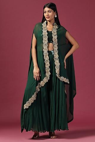 bottle green crepe sequins embroidery cape set