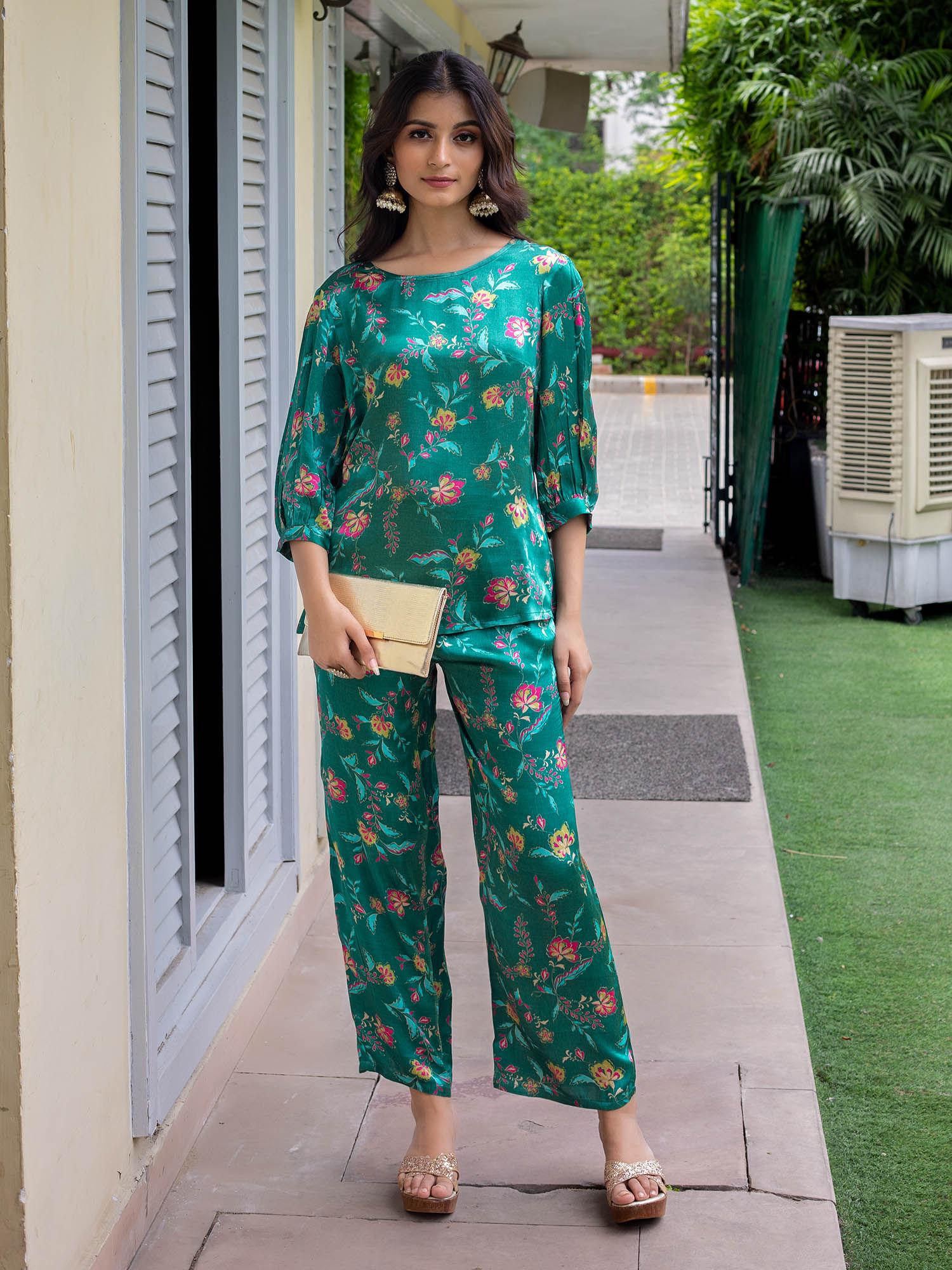 bottle green digital printed floral jaal georgette satin co-ord (set of 2)