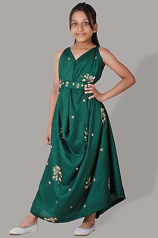 bottle green dola silk gown for girls