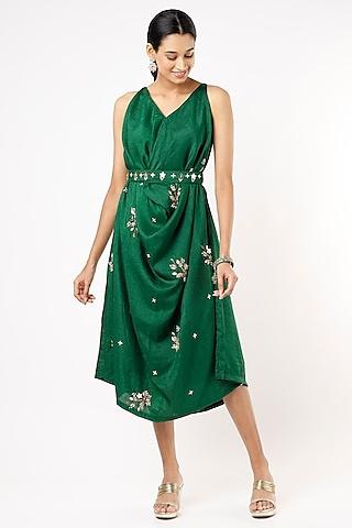 bottle green draped cowl dress with belt