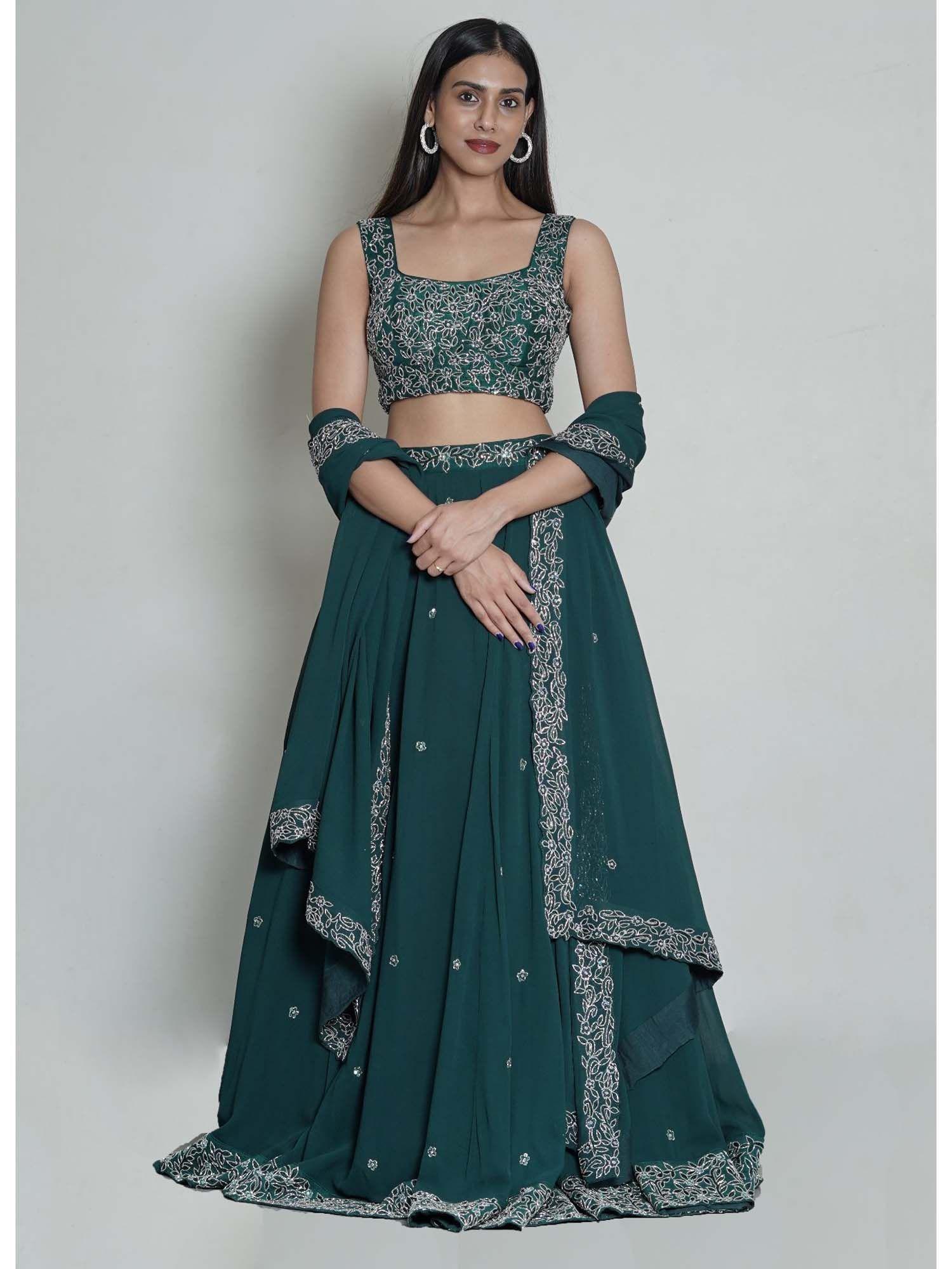 bottle green embellished lehenga (set of 3)