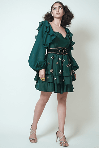 bottle green embellished mini dress