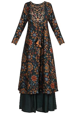 bottle green embroidered & printed tunic with palazzo pants