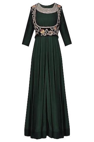 bottle green embroidered anarkali gown with short jacket set