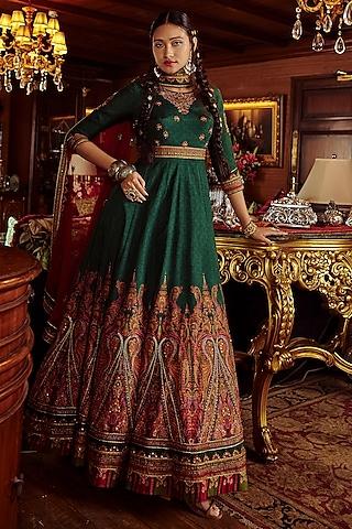 bottle green embroidered anarkali set