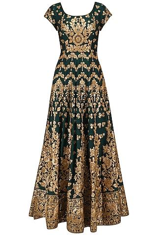 bottle green embroidered anarkali set