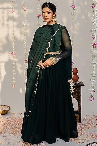 bottle green embroidered anarkali set