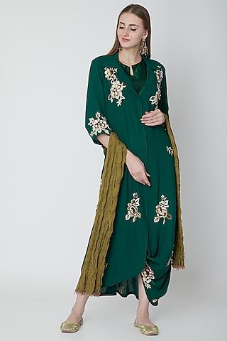 bottle green embroidered cowl dress with slip & dupatta