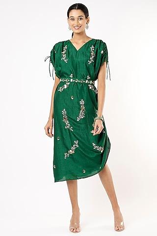 bottle green embroidered draped cowl dress with belt