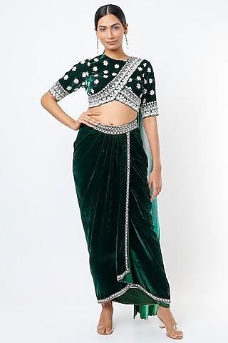 bottle green embroidered draped saree set