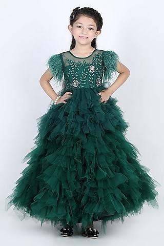 bottle green embroidered dress for girls