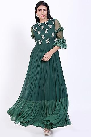 bottle green embroidered gathered gown