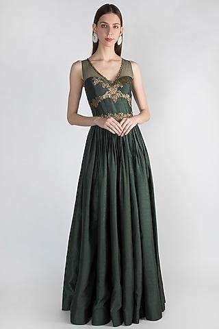 bottle green embroidered gown