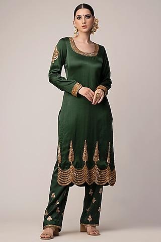 bottle green embroidered kurta set