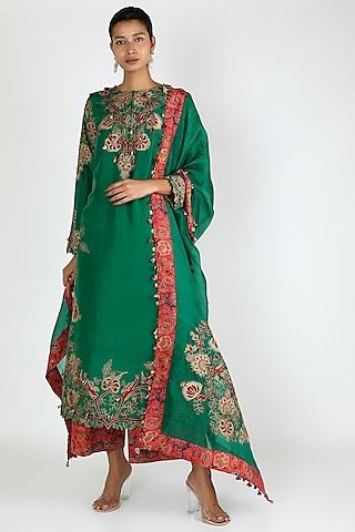 bottle green embroidered kurta set