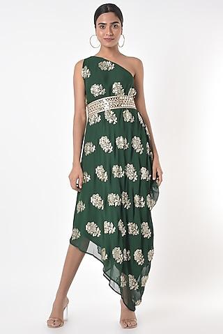 bottle green embroidered one-shoulder midi dress