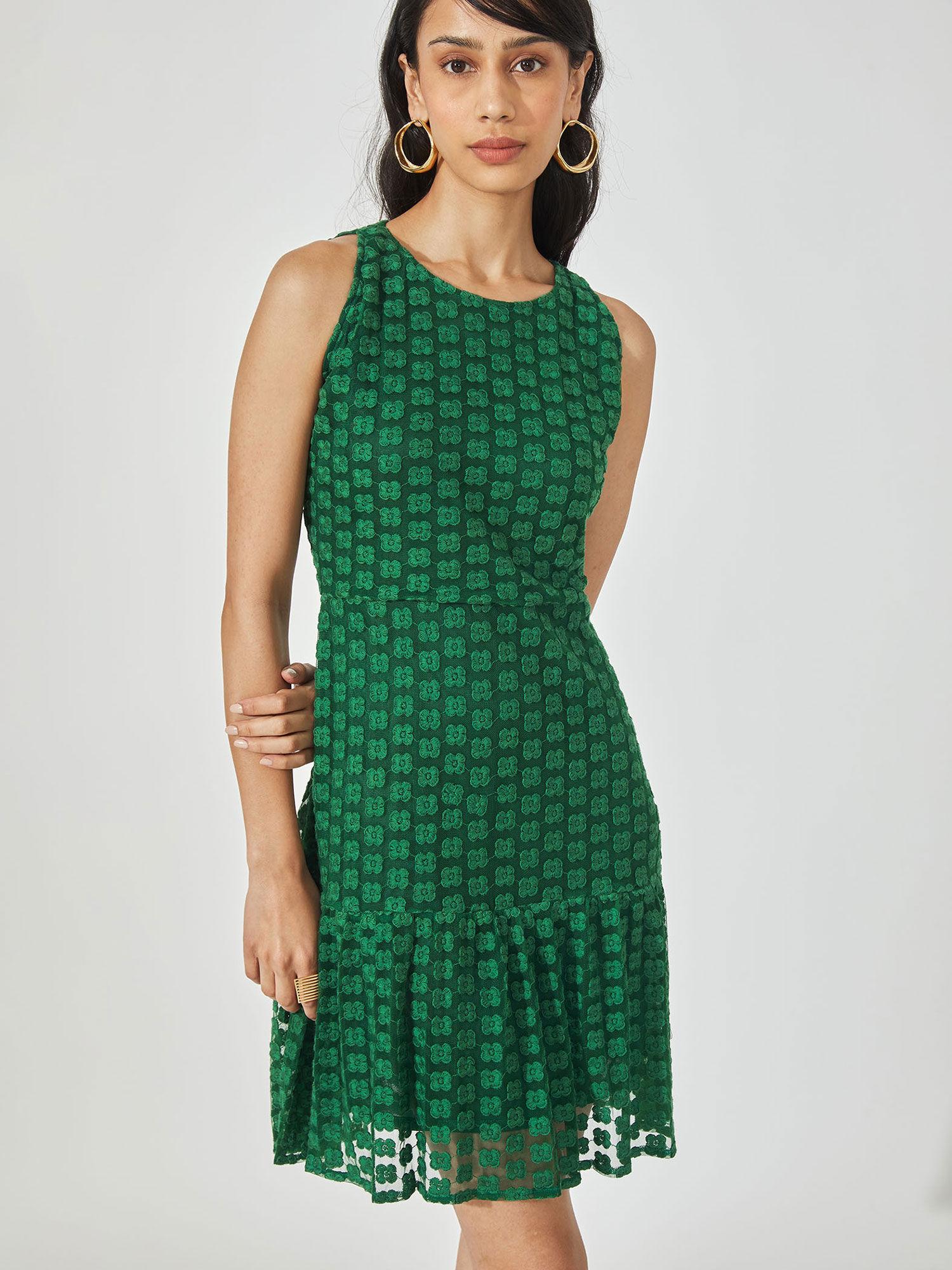 bottle green embroidered tiered dress