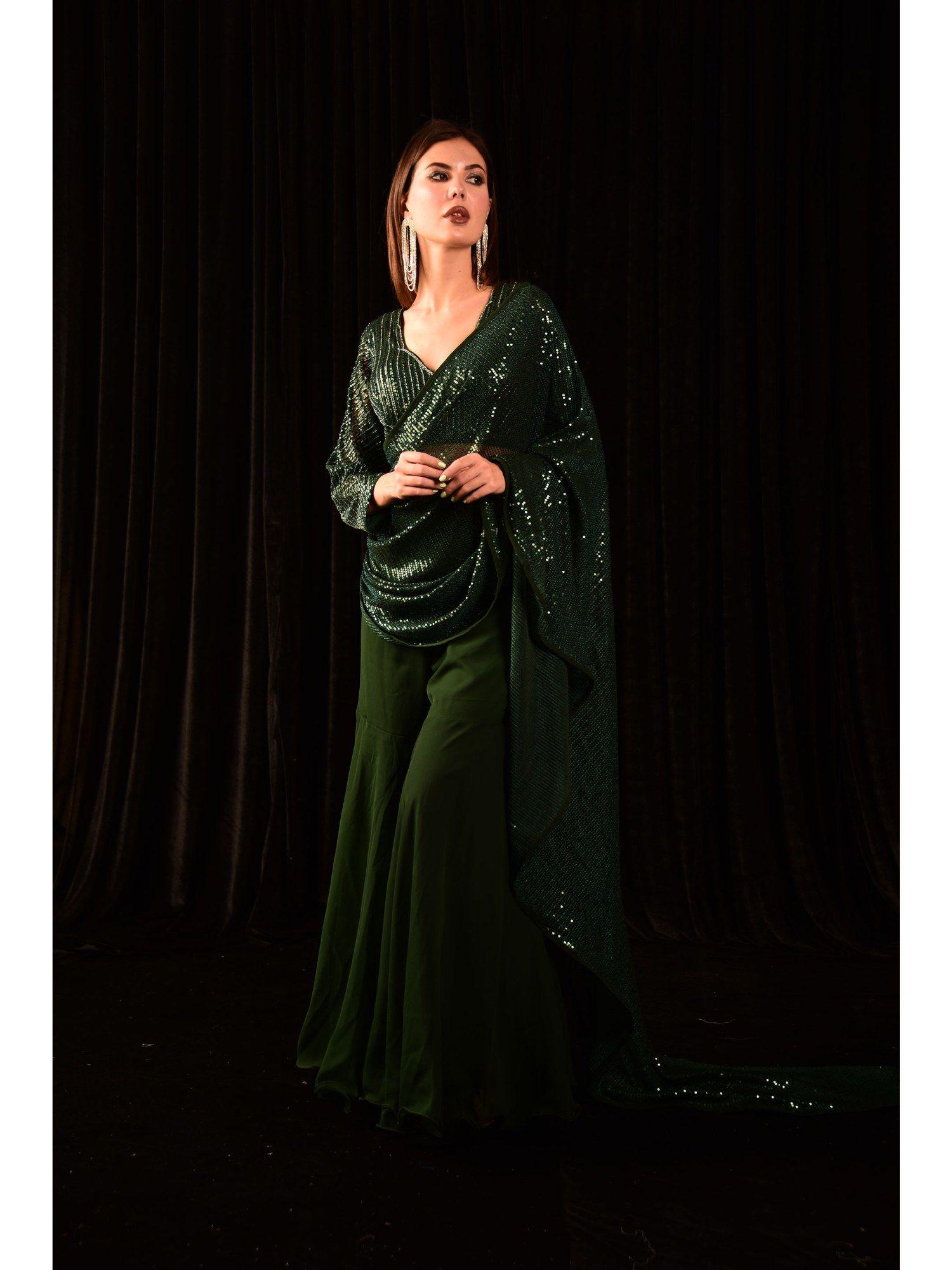 bottle green fully sequined sharara saree with stitched blouse
