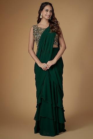 bottle green georgette & tulle draped saree set