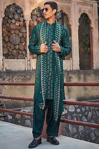 bottle green georgette chikankari embroidered kurta set