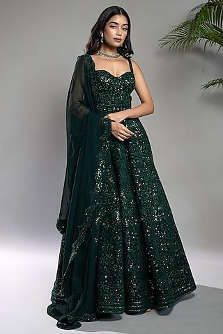 bottle green georgette chikankari sequins embroidered anarkali set