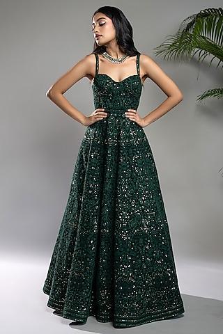 bottle green georgette chikankari sequins embroidered dress