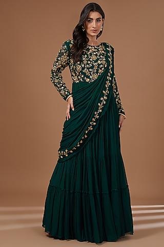 bottle green georgette cutdana embroidered draped gown saree